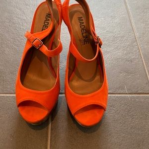 Fun and funky Madeline girl platforms!  Floral base design+ orange suede shoe.